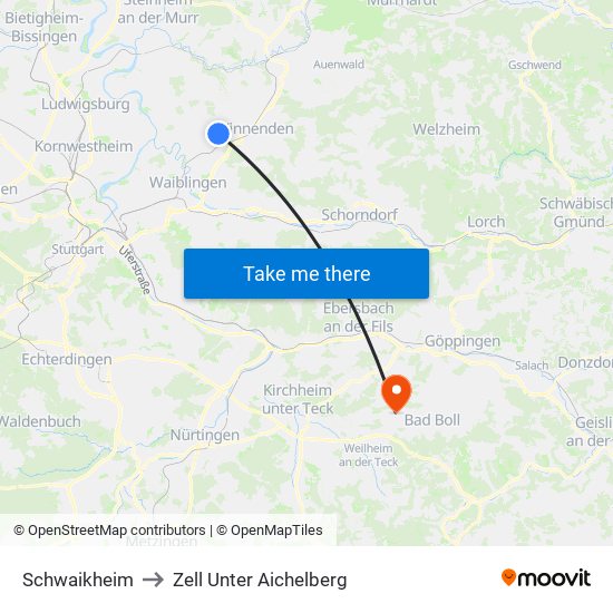 Schwaikheim to Zell Unter Aichelberg map