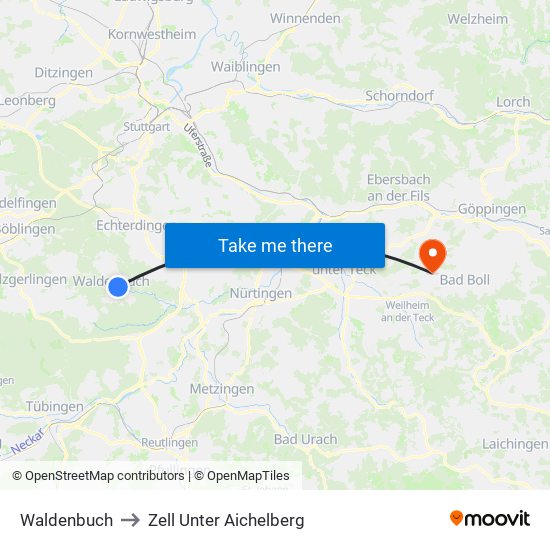 Waldenbuch to Zell Unter Aichelberg map