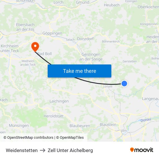 Weidenstetten to Zell Unter Aichelberg map