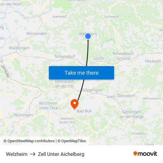 Welzheim to Zell Unter Aichelberg map