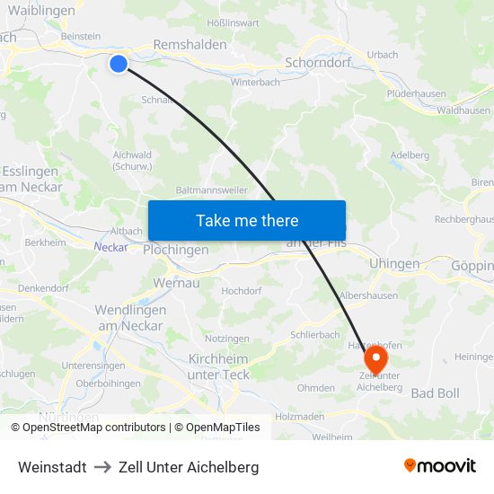 Weinstadt to Zell Unter Aichelberg map