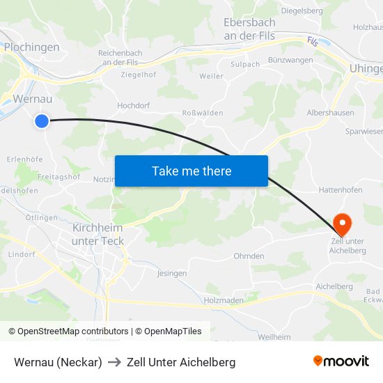 Wernau (Neckar) to Zell Unter Aichelberg map