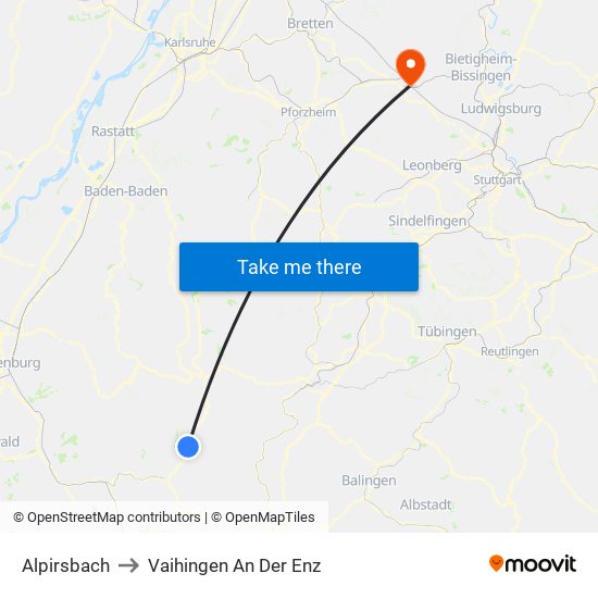 Alpirsbach to Vaihingen An Der Enz map