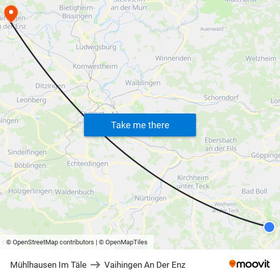 Mühlhausen Im Täle to Vaihingen An Der Enz map