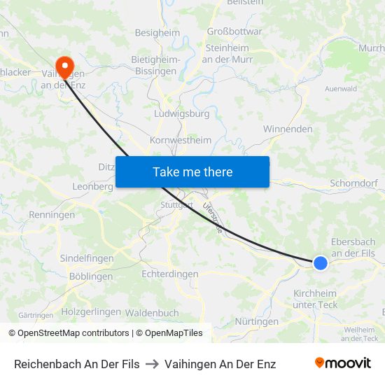 Reichenbach An Der Fils to Vaihingen An Der Enz map