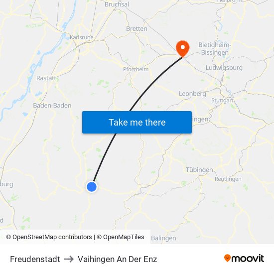 Freudenstadt to Vaihingen An Der Enz map