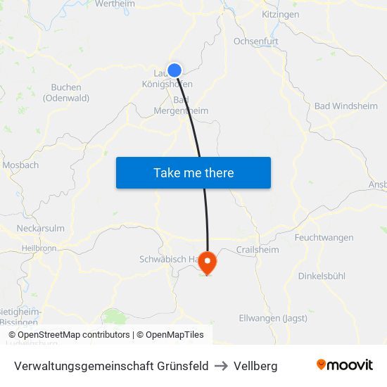 Verwaltungsgemeinschaft Grünsfeld to Vellberg map