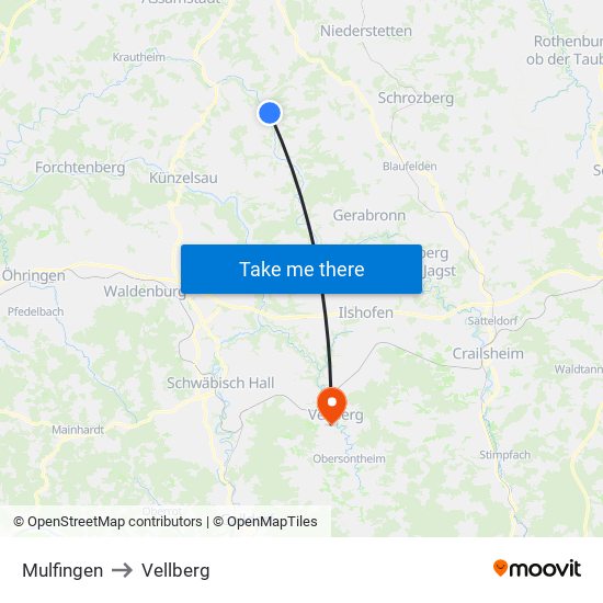 Mulfingen to Vellberg map