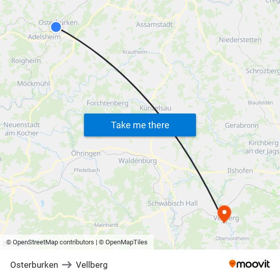 Osterburken to Vellberg map