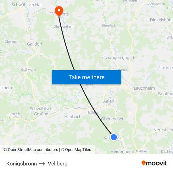 Königsbronn to Vellberg map