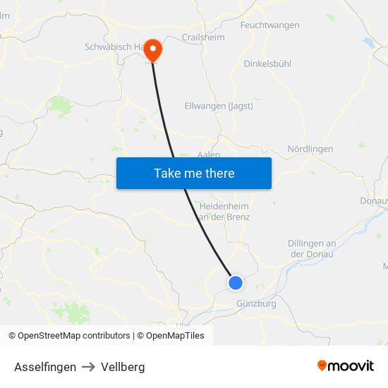 Asselfingen to Vellberg map