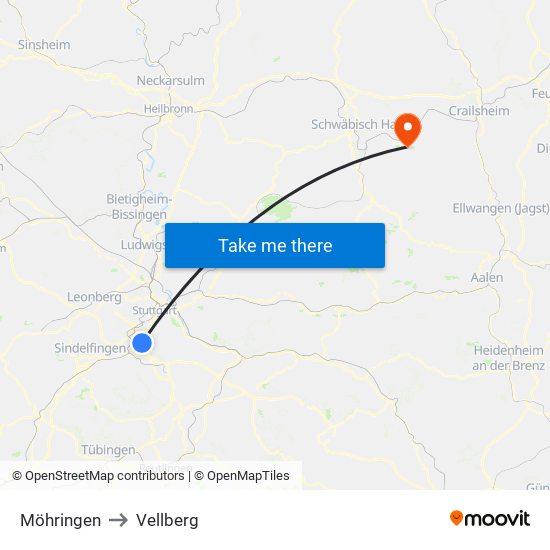 Möhringen to Vellberg map