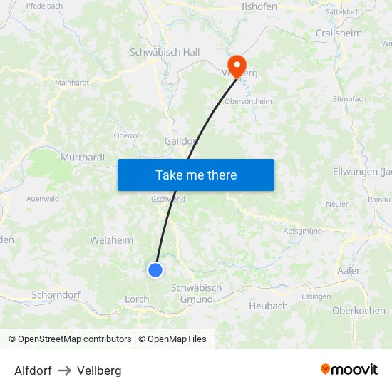 Alfdorf to Vellberg map