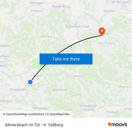 Allmersbach Im Tal to Vellberg map