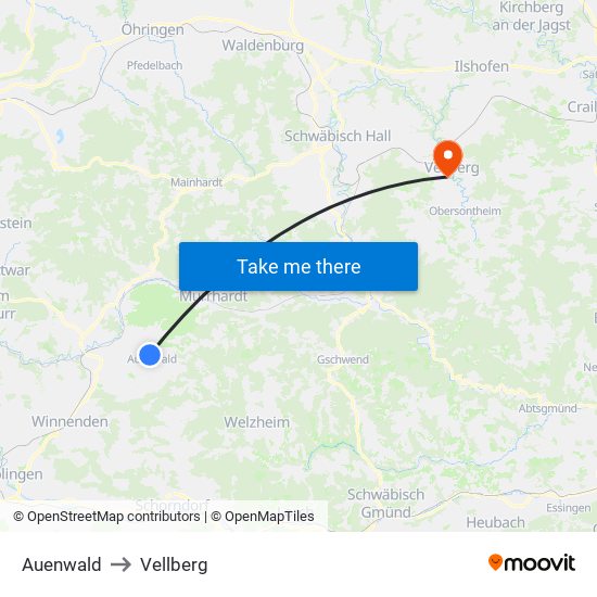 Auenwald to Vellberg map