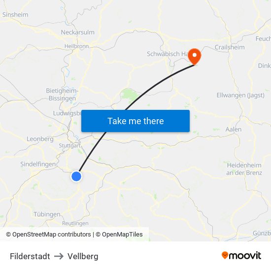 Filderstadt to Vellberg map