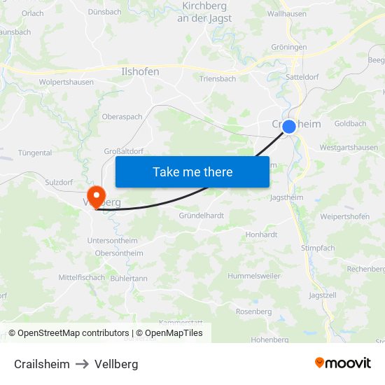 Crailsheim to Vellberg map