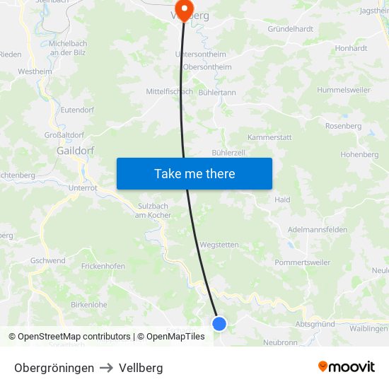 Obergröningen to Vellberg map