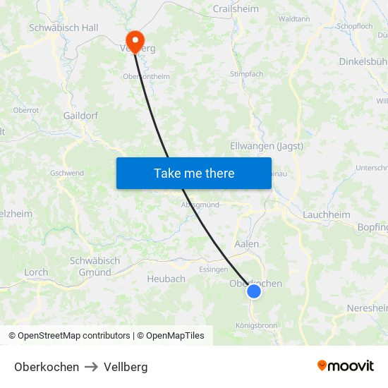 Oberkochen to Vellberg map