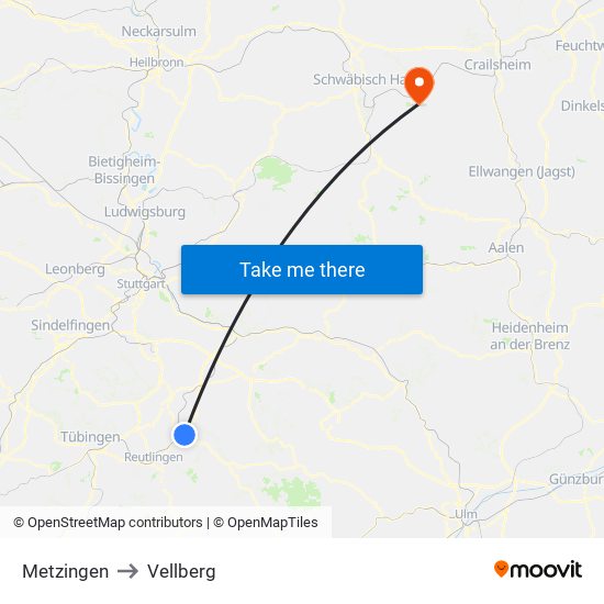 Metzingen to Vellberg map