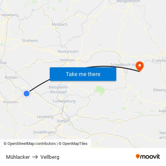 Mühlacker to Vellberg map