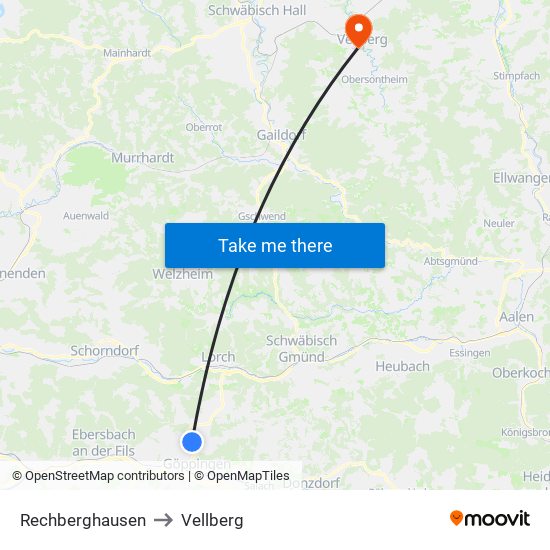 Rechberghausen to Vellberg map