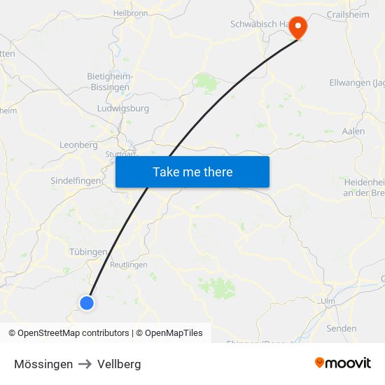 Mössingen to Vellberg map