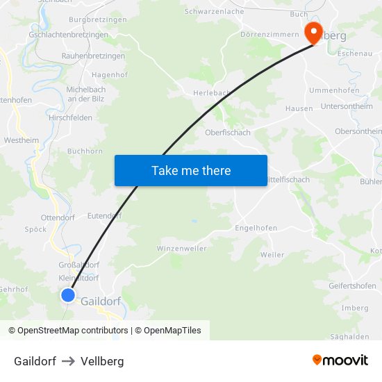 Gaildorf to Vellberg map