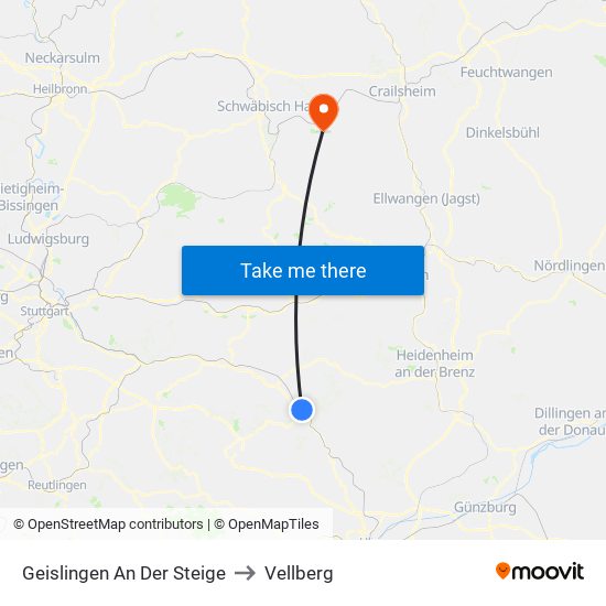 Geislingen An Der Steige to Vellberg map