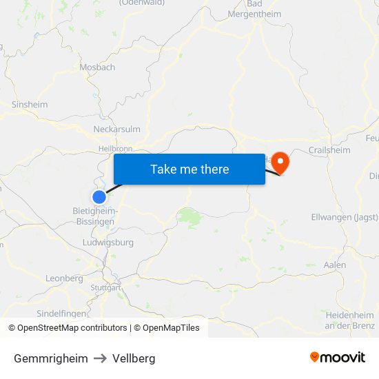 Gemmrigheim to Vellberg map