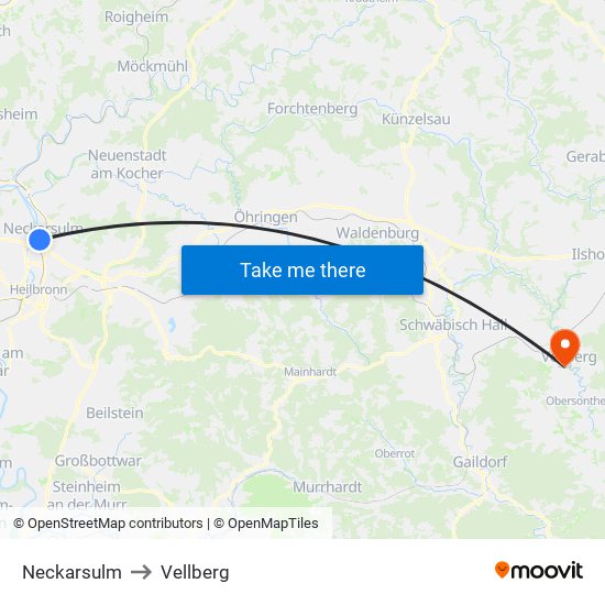 Neckarsulm to Vellberg map