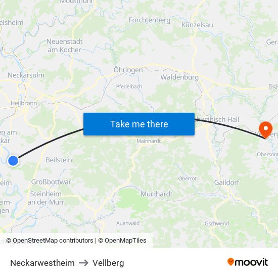 Neckarwestheim to Vellberg map