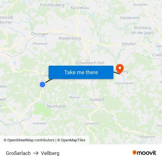 Großerlach to Vellberg map