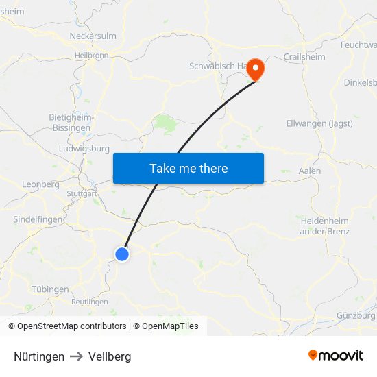Nürtingen to Vellberg map