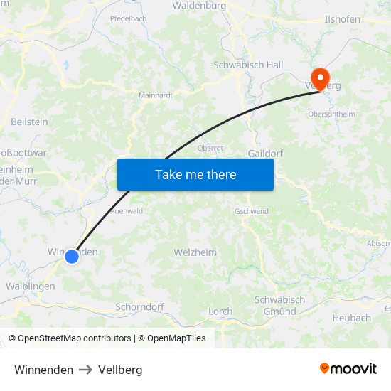 Winnenden to Vellberg map