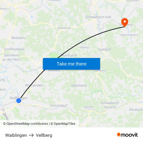 Waiblingen to Vellberg map