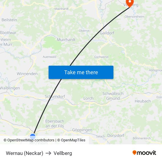 Wernau (Neckar) to Vellberg map