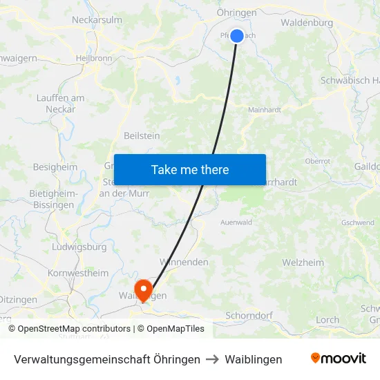 Verwaltungsgemeinschaft Öhringen to Waiblingen map