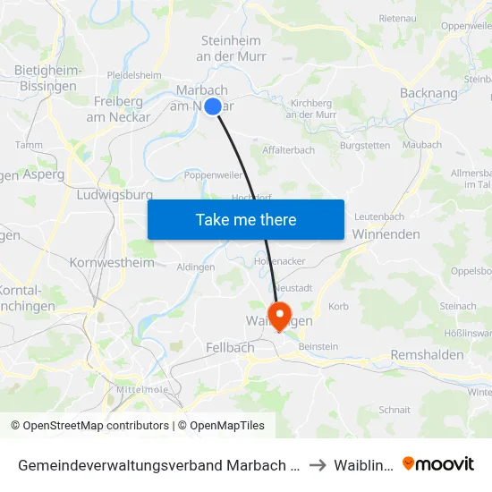Gemeindeverwaltungsverband Marbach am Neckar to Waiblingen map