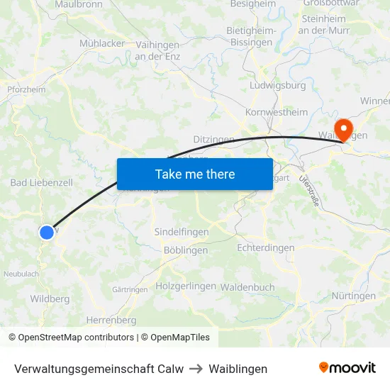 Verwaltungsgemeinschaft Calw to Waiblingen map