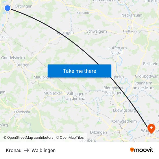 Kronau to Waiblingen map