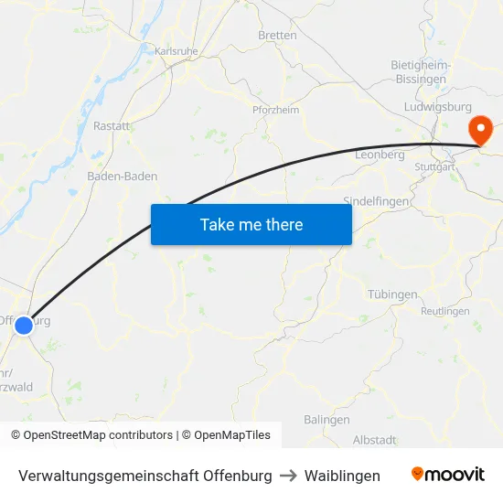 Verwaltungsgemeinschaft Offenburg to Waiblingen map