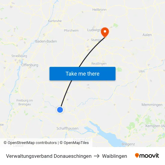 Verwaltungsverband Donaueschingen to Waiblingen map