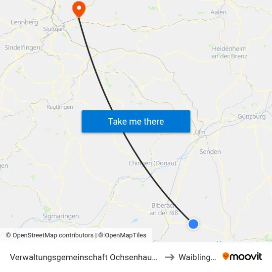 Verwaltungsgemeinschaft Ochsenhausen to Waiblingen map