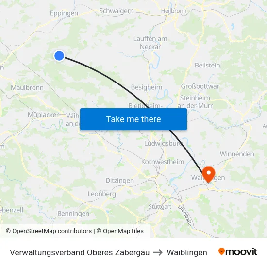 Verwaltungsverband Oberes Zabergäu to Waiblingen map