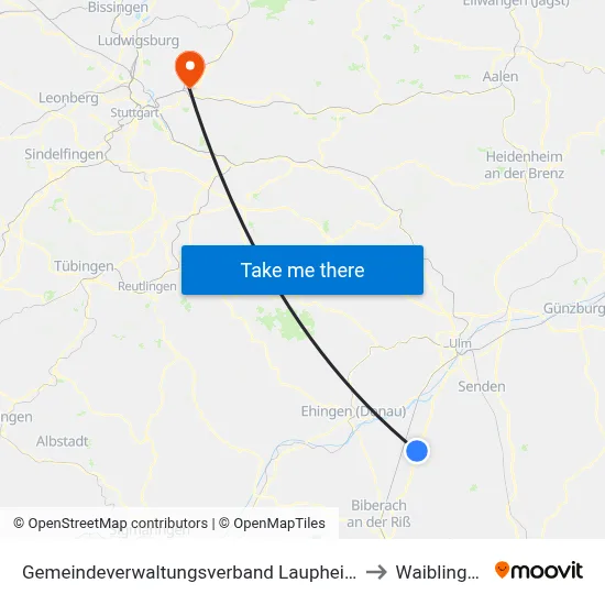 Gemeindeverwaltungsverband Laupheim to Waiblingen map