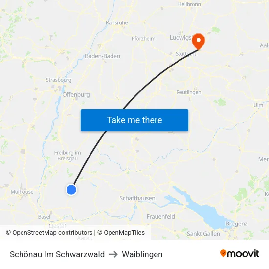 Schönau Im Schwarzwald to Waiblingen map