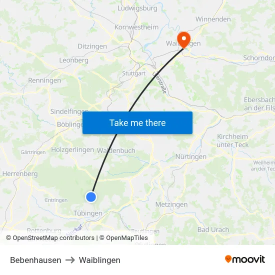 Bebenhausen to Waiblingen map