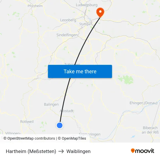 Hartheim (Meßstetten) to Waiblingen map