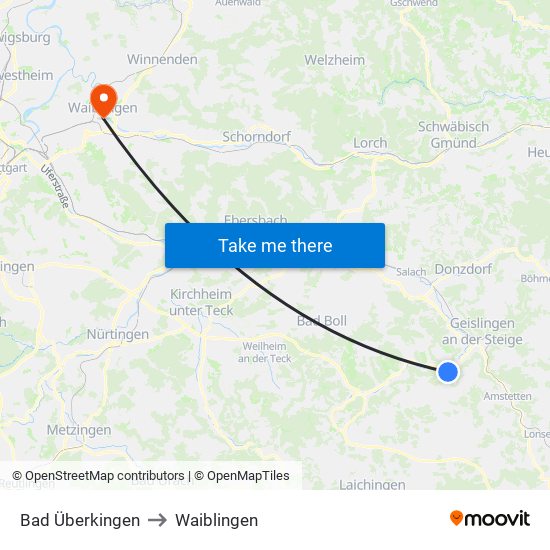 Bad Überkingen to Waiblingen map